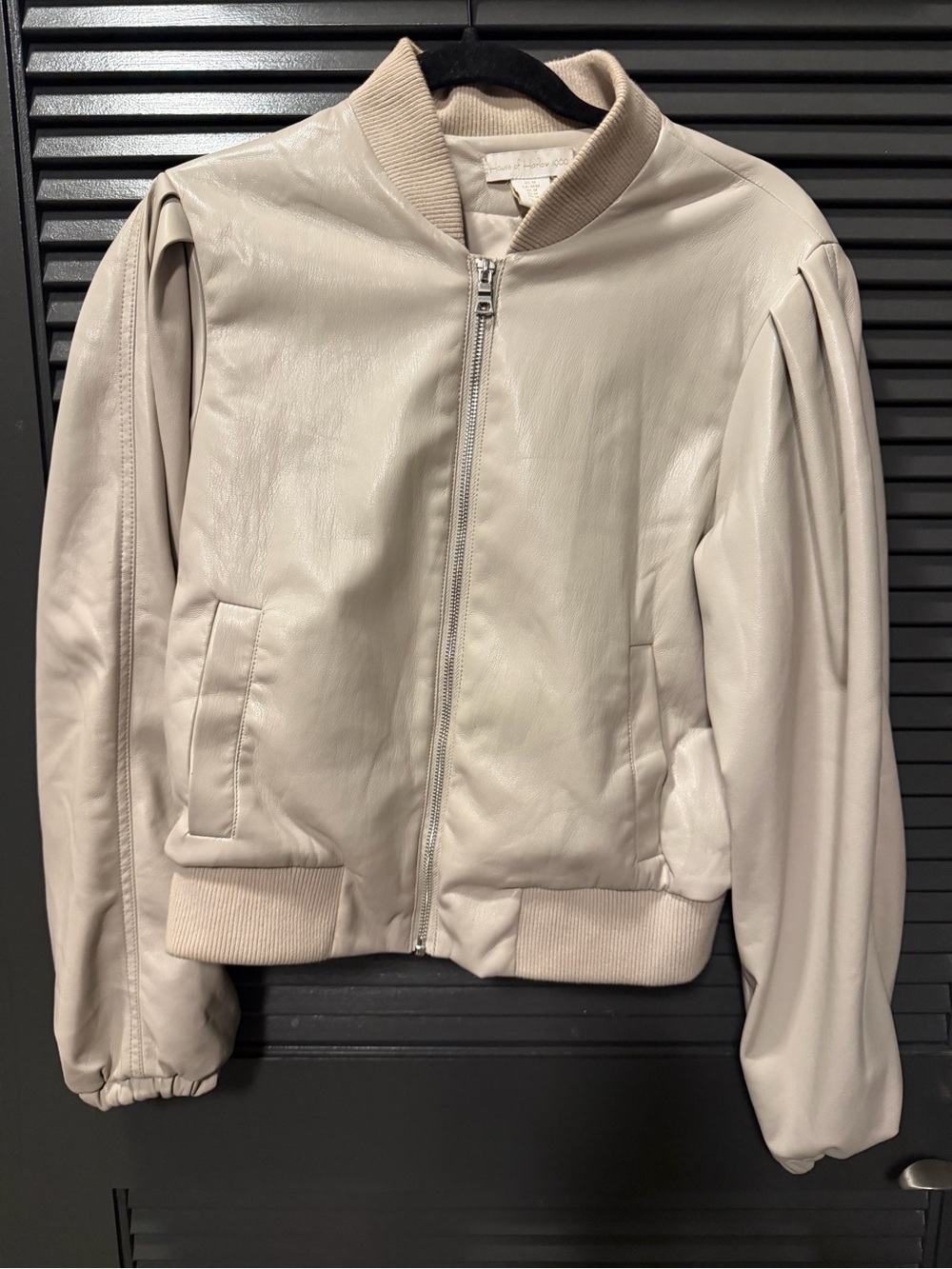 Cream faux Leather Bomber Jacket - Neutral Ribbed Trim